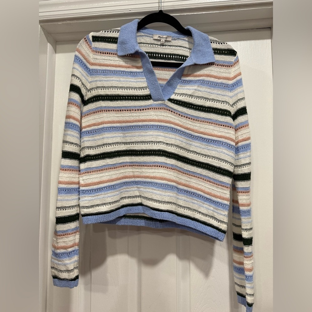Madewell Blue and Cream Striped V-Neck Sweater - Picture 2 of 5